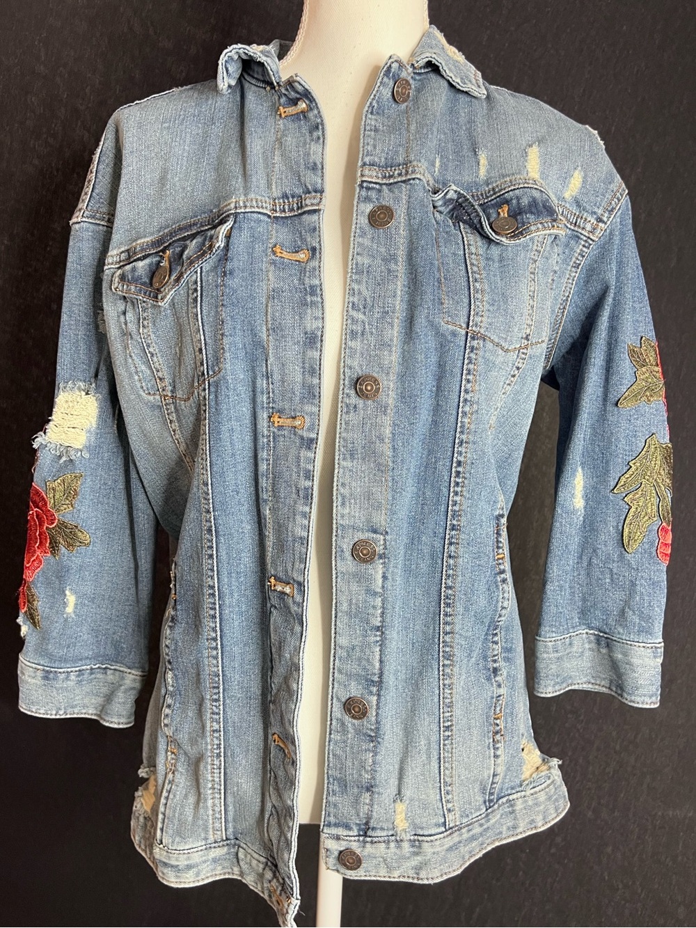 Express Light Blue Denim Jacket with Red Floral Embroidery